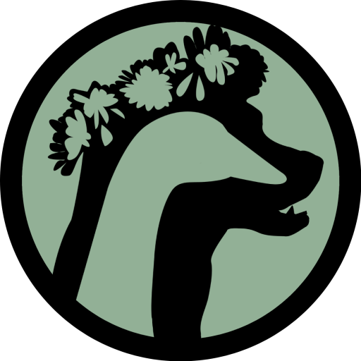 Logo with a dog and goose silhouette set on a green circle background